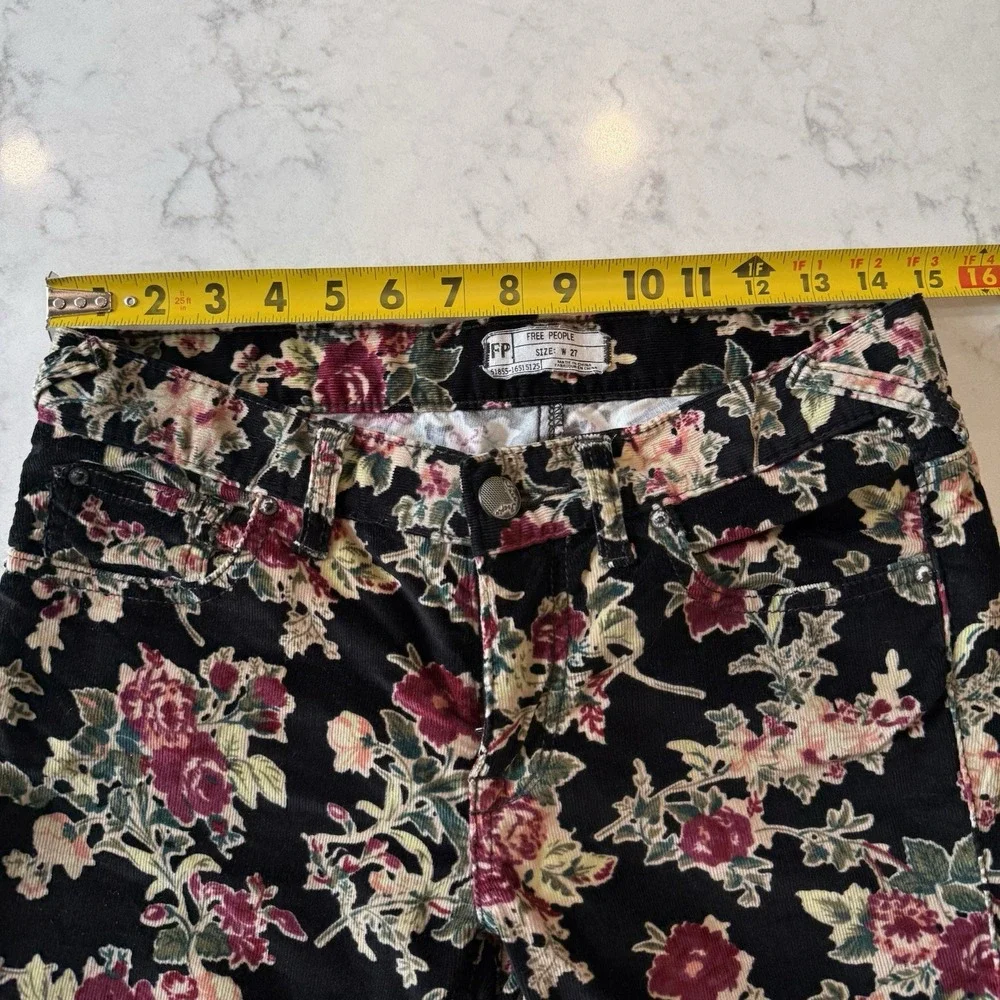 Free People Pants Mid-Rise Corduroy Floral Skinny Slim W 27 Black Burgundy Green